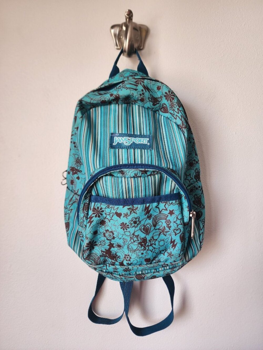 Jansport blue brown stripe doodle half pink backpack